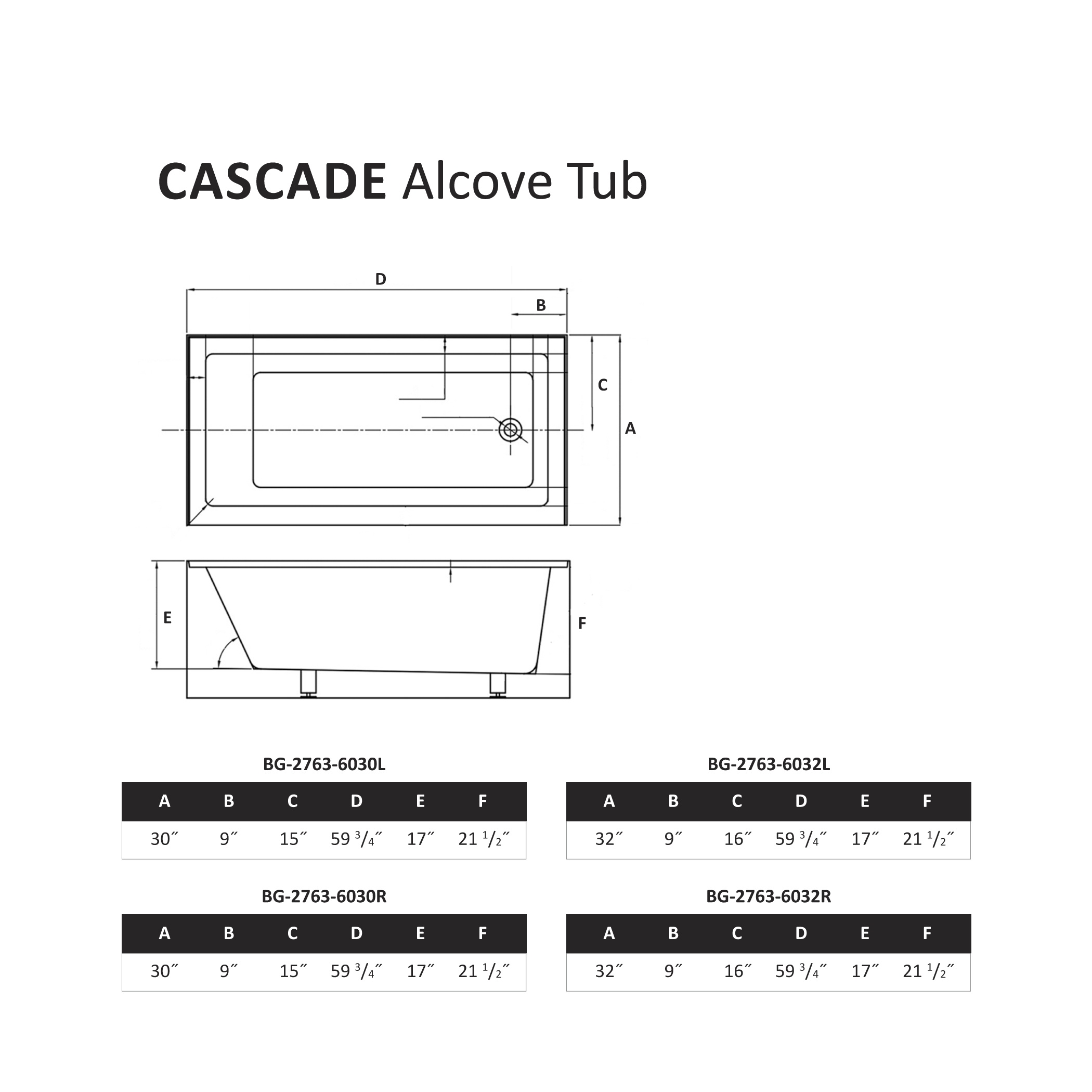 Cascade Alcove Tub Specification